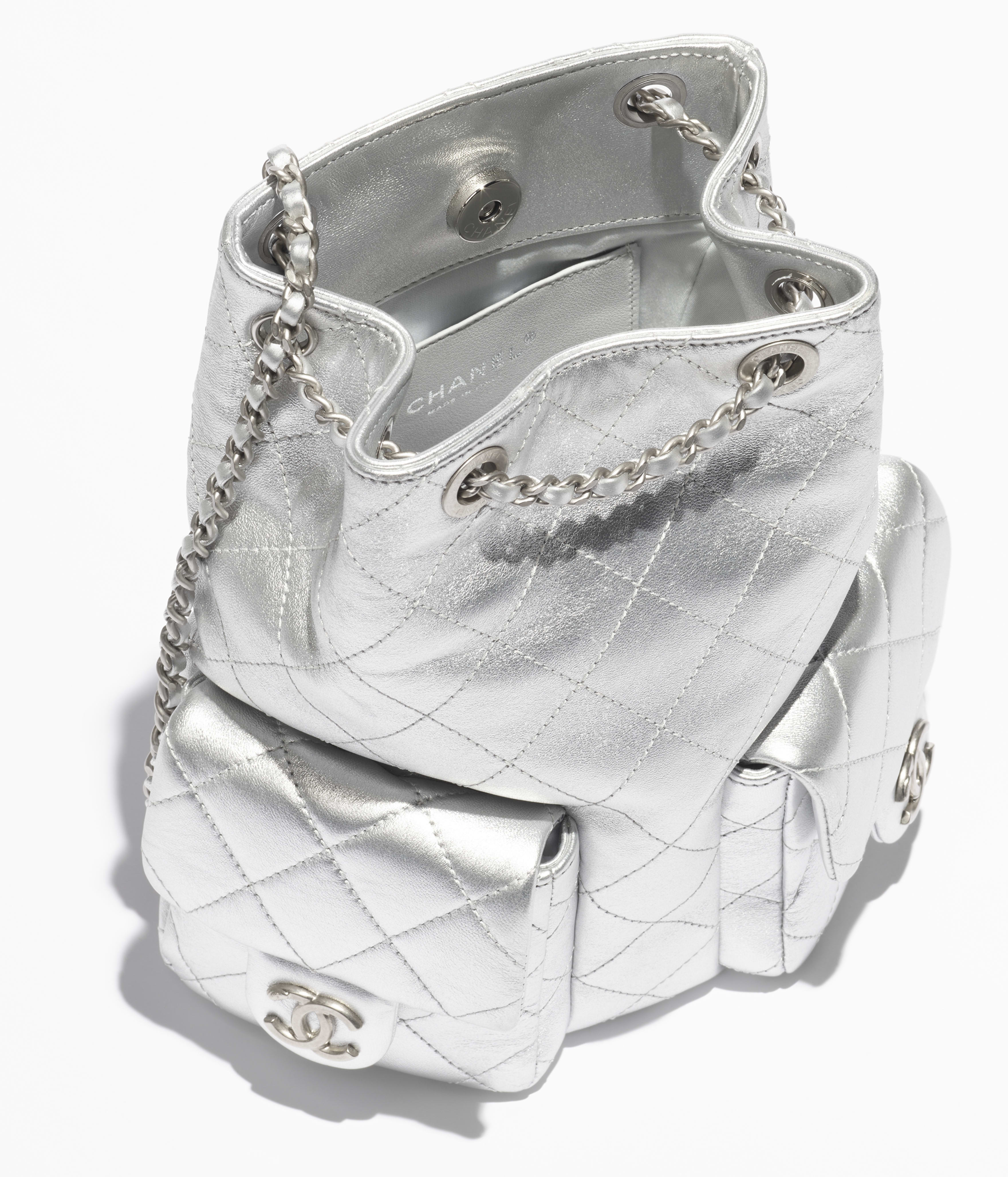 Mochila - Plateado - Piel de cordero metalizada y metal plateado - 